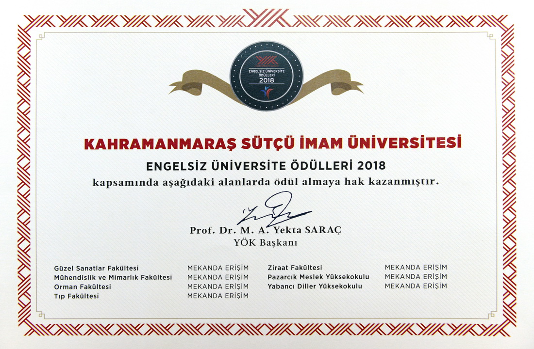 YÖK’ten KSÜ’ye Engelsiz Üniversite Ödülü